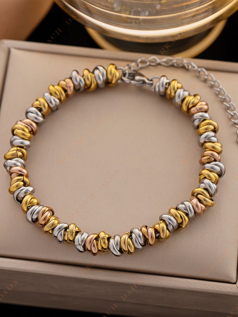 DaDa Fashionable Simple contrast color titanium steel metal circle beaded woven vintage statement versatile bracelet