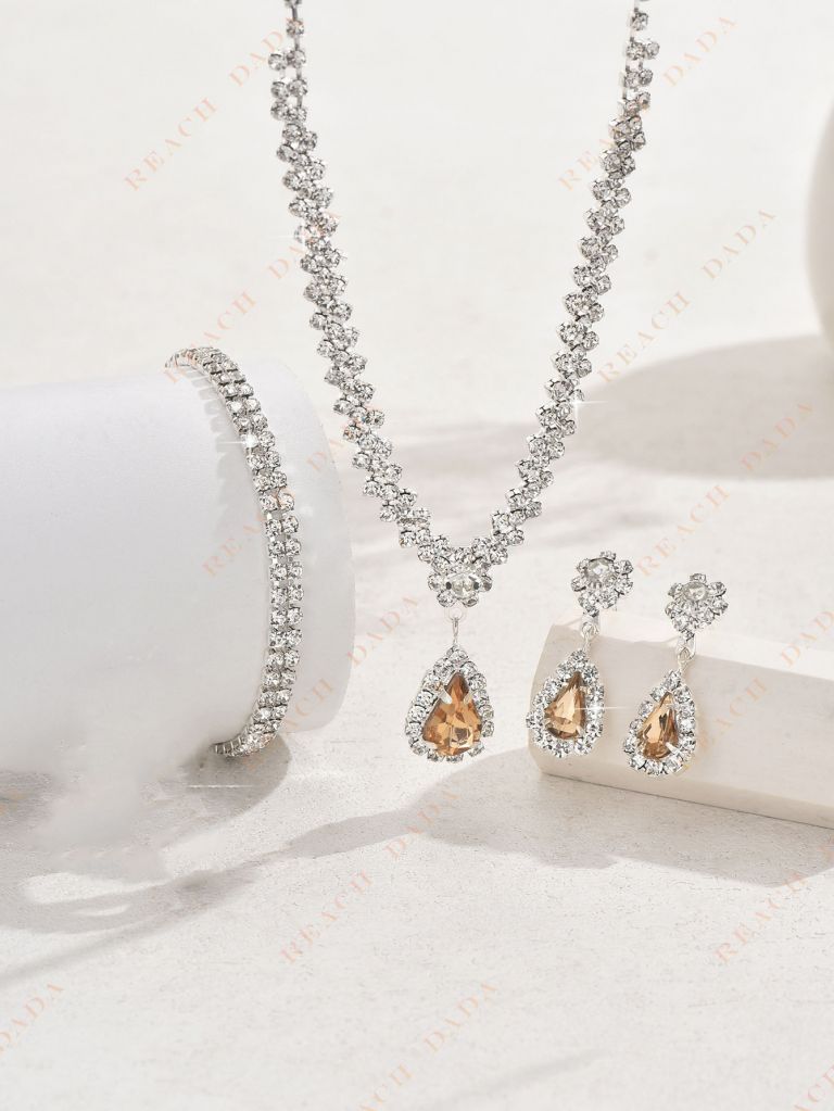 DaDa New Jewelry-Metal Diamond Necklace, Earrings, Bracelet Three-Piece Wedding Bridal Jewelry Set Set