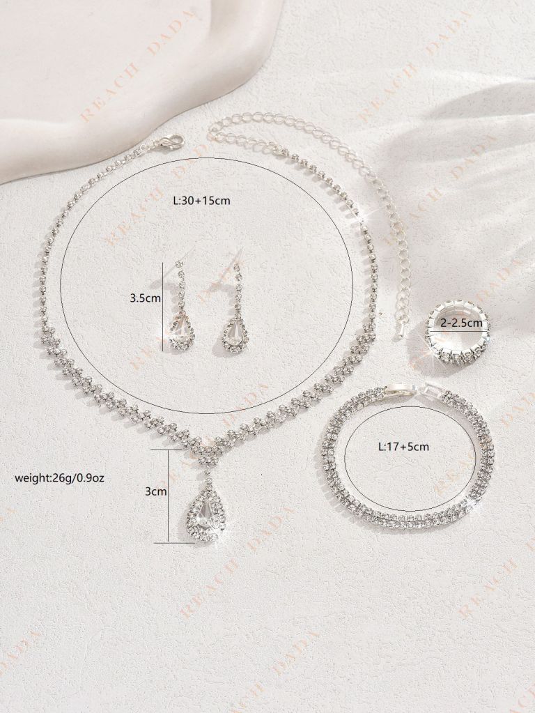 DaDa Fashion Necklace Earrings Bracelet Set Bridal Ring New Four Piece Set Fashion Full Diamond Jewelry