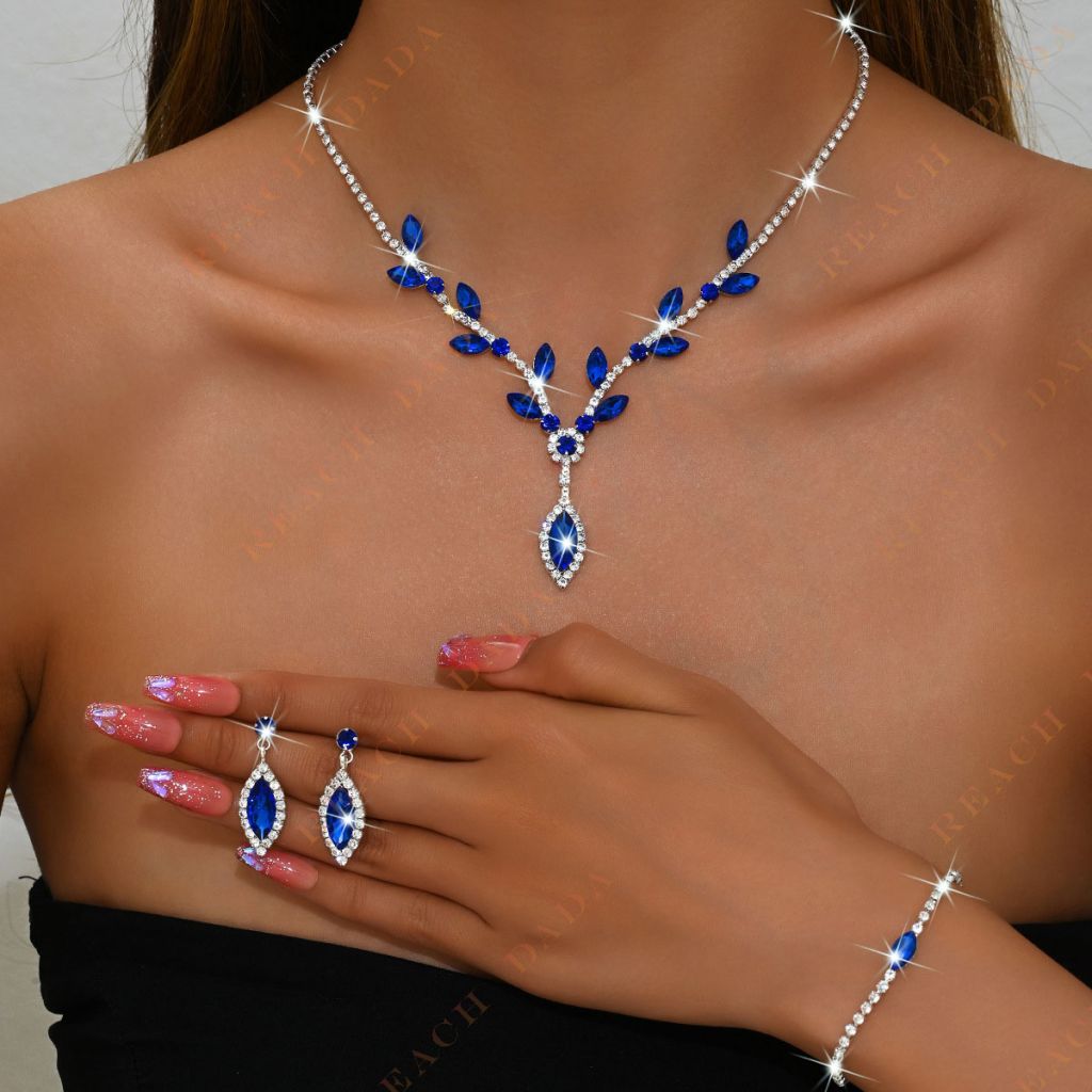 DaDa Fashion bridal jewelry Korean rhinestone V-shaped necklace earrings bracelet set Diamond-encrusted necklace three-piece set