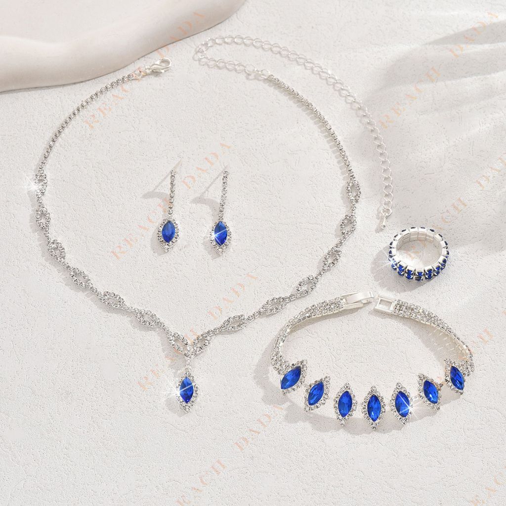 DaDa Hot Accessories New Fashion Bridal Jewelry Wedding Accessories Simple Sapphire Blue Diamond Necklace Earrings