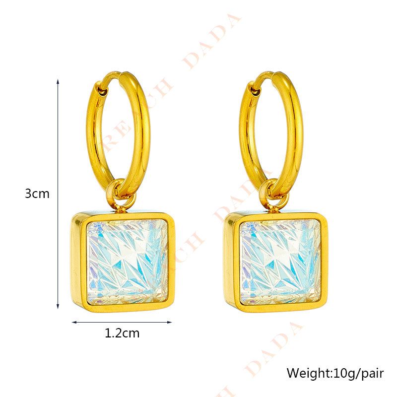 DaDa Popular niche ultra-flash titanium steel faceted pear-shaped square colored zircon pendant gold earring earrings