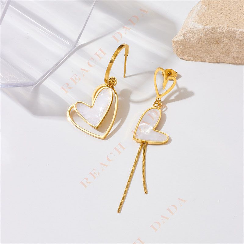 DaDa Fashionable simple temperamental light luxury asymmetrical love chain tassel gold-plated titanium steel earrings