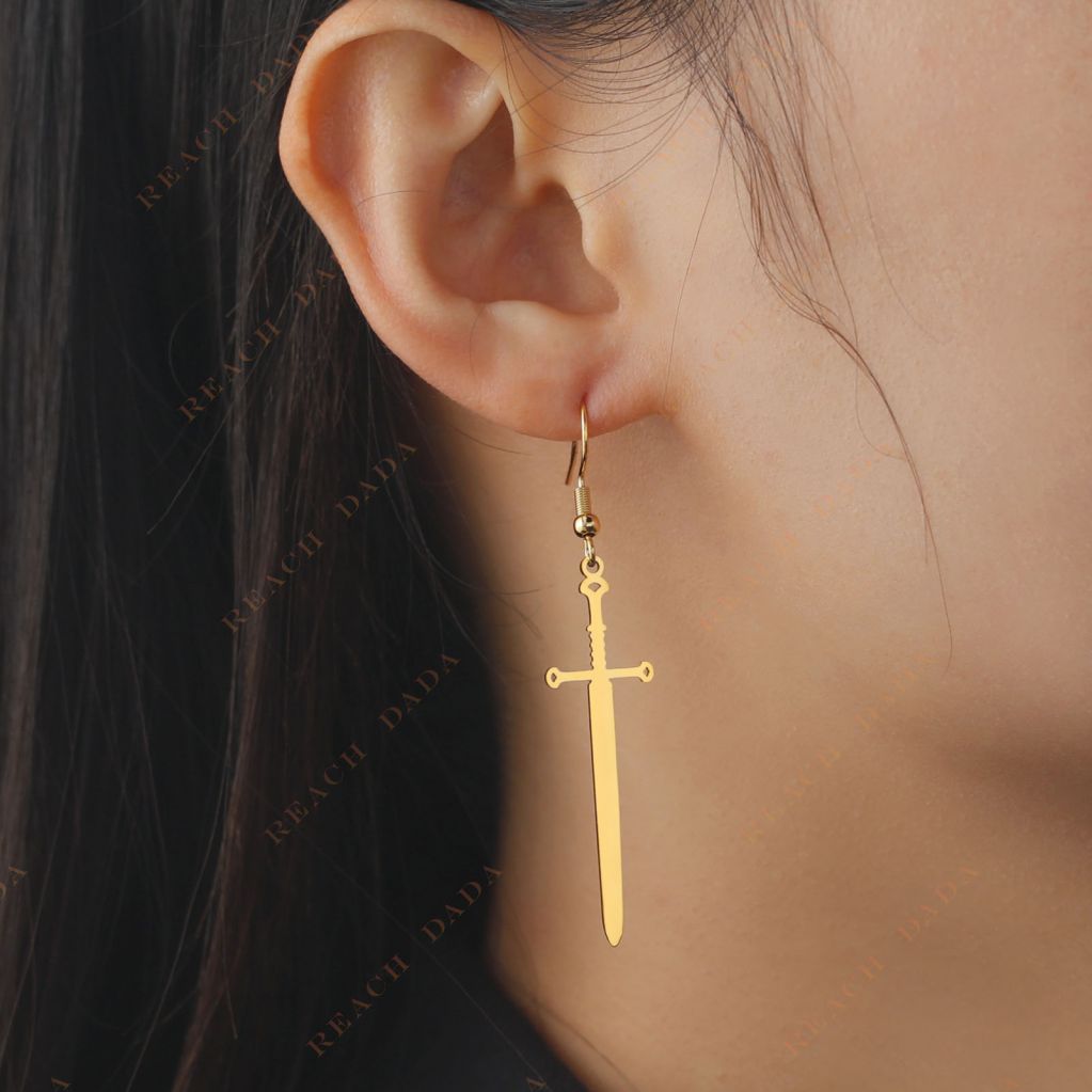 DaDa Popular fashion creative personality gold-plated stainless steel cross sword pendant earrings