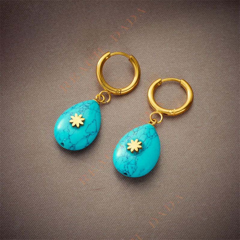 DaDa Fashionable retro minimalist classical pear-shaped turquoise drop earrings round titanium metal pendant earrings