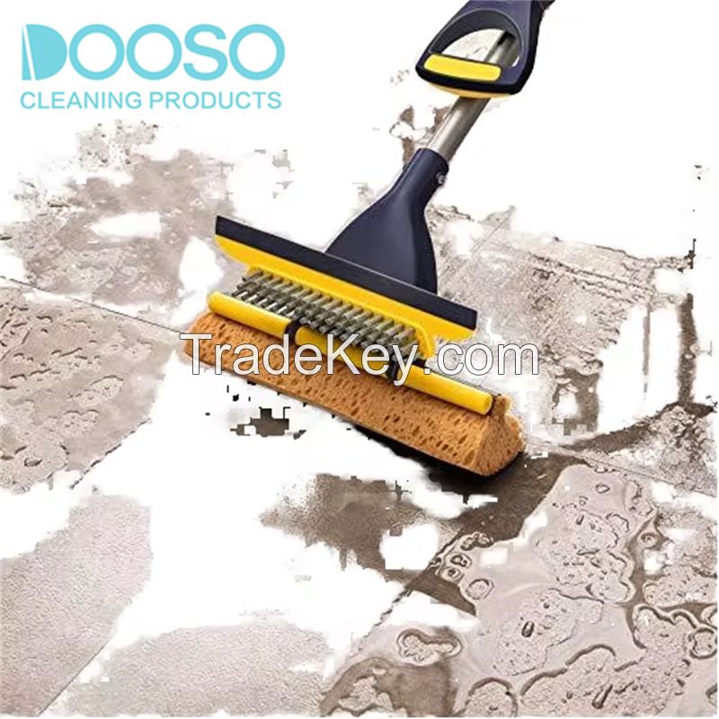 Doosu 2 Sponge Heads Squeegee and Extendable Telescopic Long Handle 42.5-52 Inches Easily Dry Wringing Sponge Mop