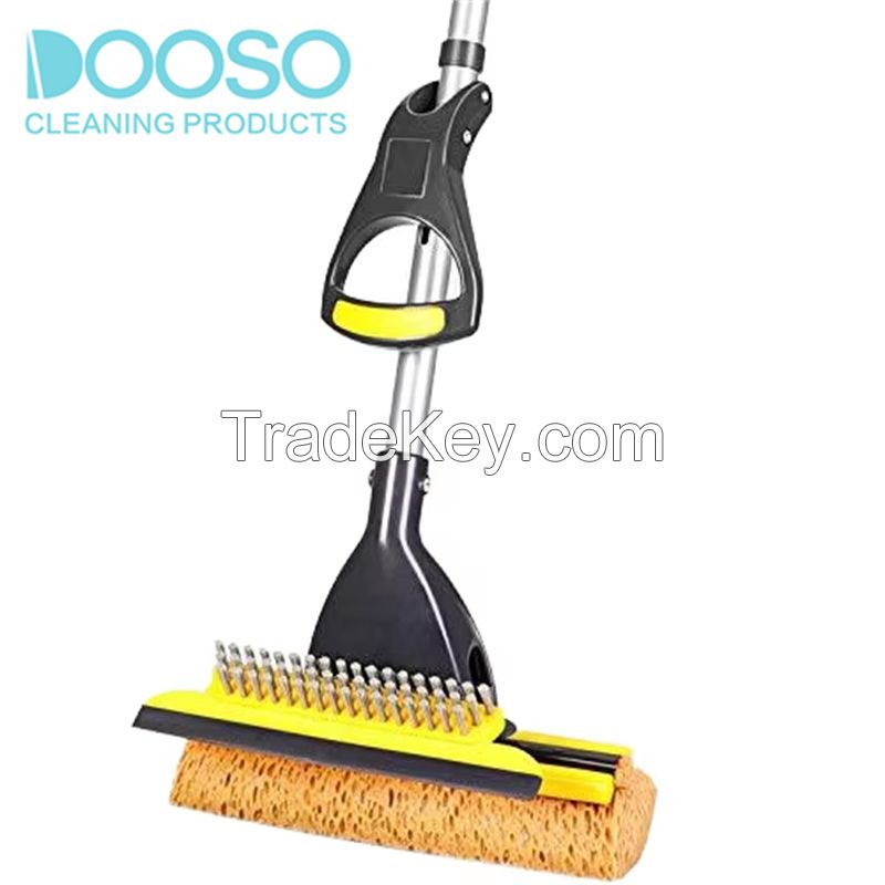 Doosu 2 Sponge Heads Squeegee and Extendable Telescopic Long Handle 42.5-52 Inches Easily Dry Wringing Sponge Mop