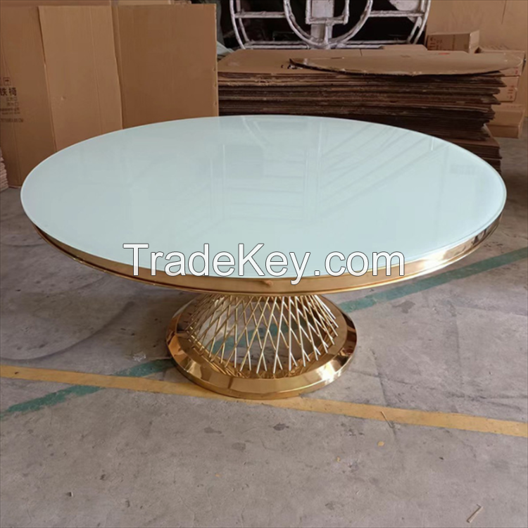 Round Dining Table with Stainless Steel Base and Marble Top for Weddings