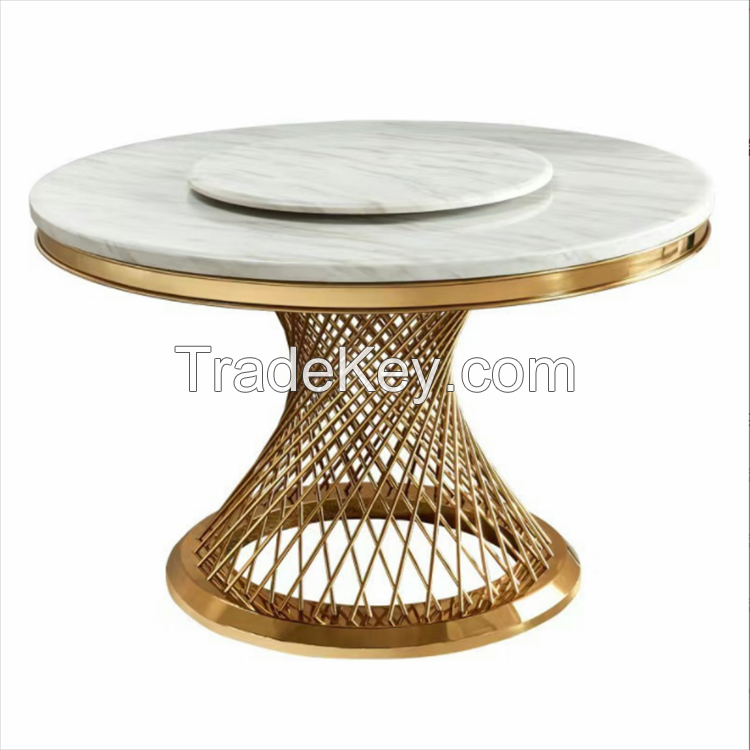 Round Dining Table with Stainless Steel Base and Marble Top for Weddings