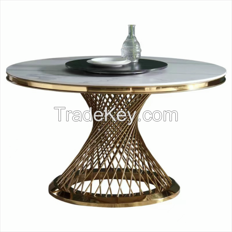 Round Dining Table with Stainless Steel Base and Marble Top for Weddings