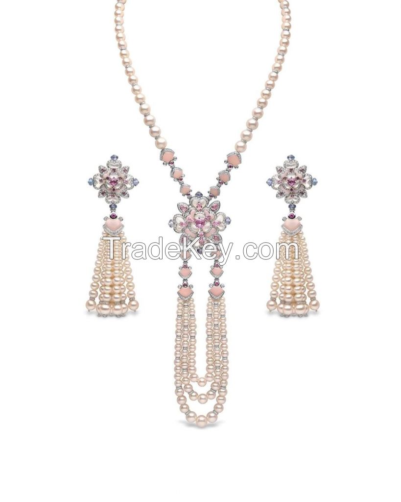 Designer Floral Pearl Silver Long CZ Necklace