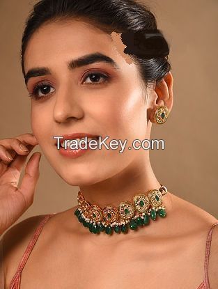 Berautiful Gold Plated Emerald Green Beads Kundan Choker Necklace