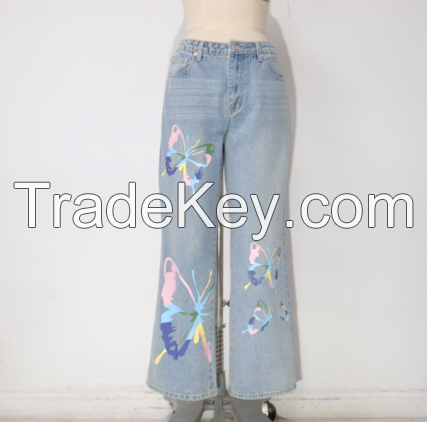 Women Trendy Print Straight Leg Jeans With butterfly-print