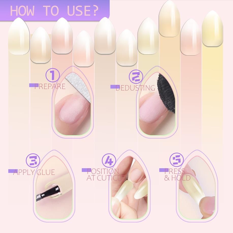 Press-On Nail Tips Ready Glued Long Perfect Fit Ready To Go Reusable Short Nail Kit 24 pieces in solid glossy color