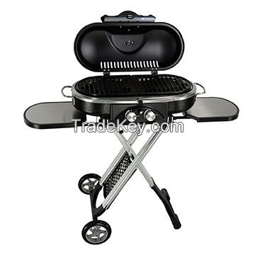 Best Selling OEM Outdoor Foldable Portable Camping 2 Burner BBQ Grill with Wheel Detachable Rolling Gas Grill with Table