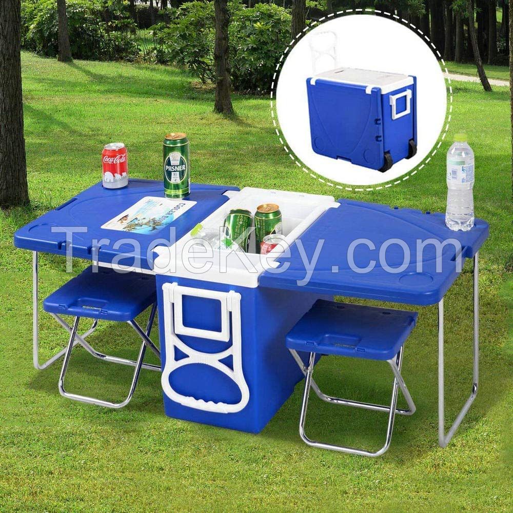 Factory Selling New Arrival Camping Plastic Function Rolling Cooler Cart Cooler Box Picnic Camping Outdoor with Table and Chairs