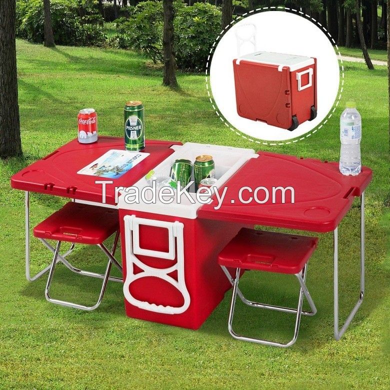 Factory Selling New Arrival Camping Plastic Function Rolling Cooler Cart Cooler Box Picnic Camping Outdoor with Table and Chairs