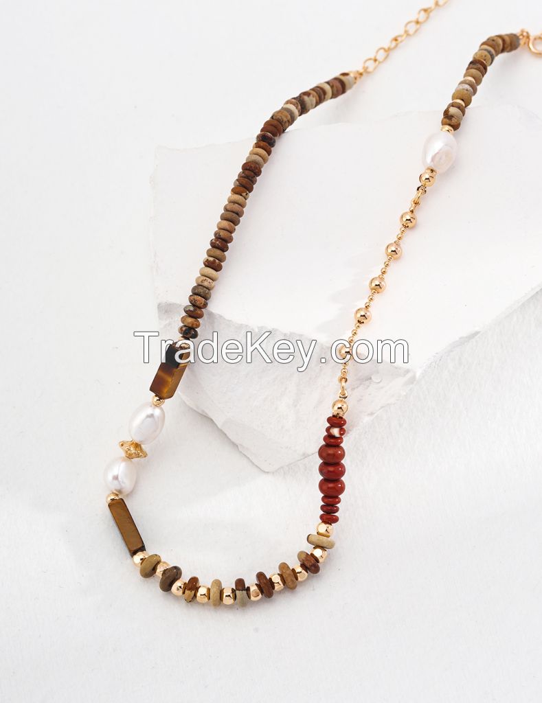 Summer Island Vacation Sterling Silver Natural Pearls Tiger eye necklace