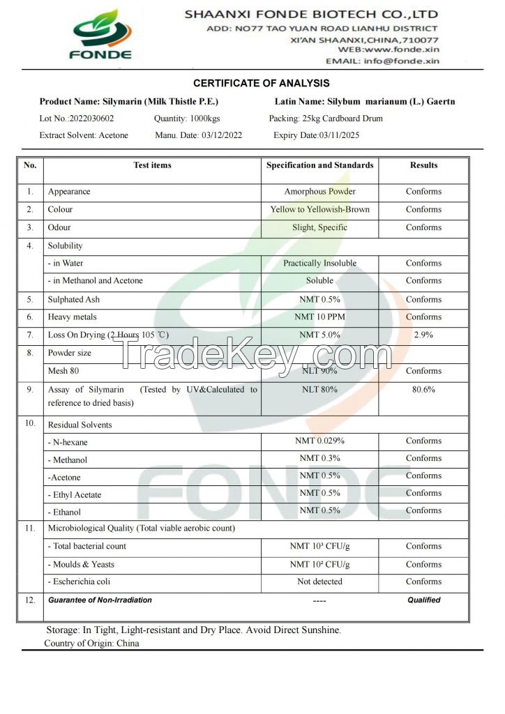 Milk thistle Extract 4:1 Powder Silibinin 90% 98% By HPLC