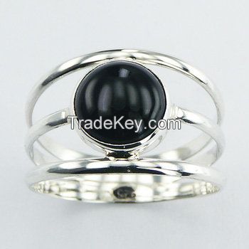 Triple Sterling Silver Open Band Round Black Agate Gemstone