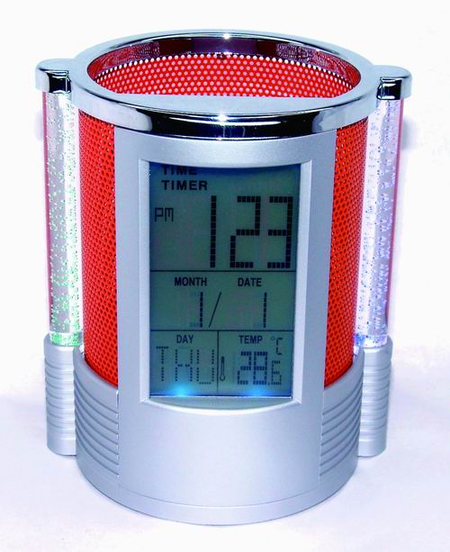 LCD clock with penholder