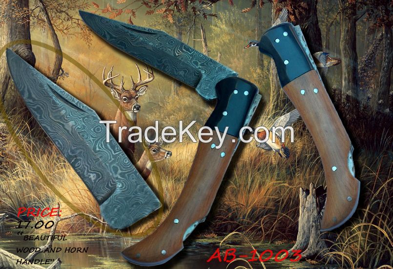 CUSTOM HANDMADE DAMASCUS FOLDING KNIFE,HORN AND WOOD HANDLE AB-1003