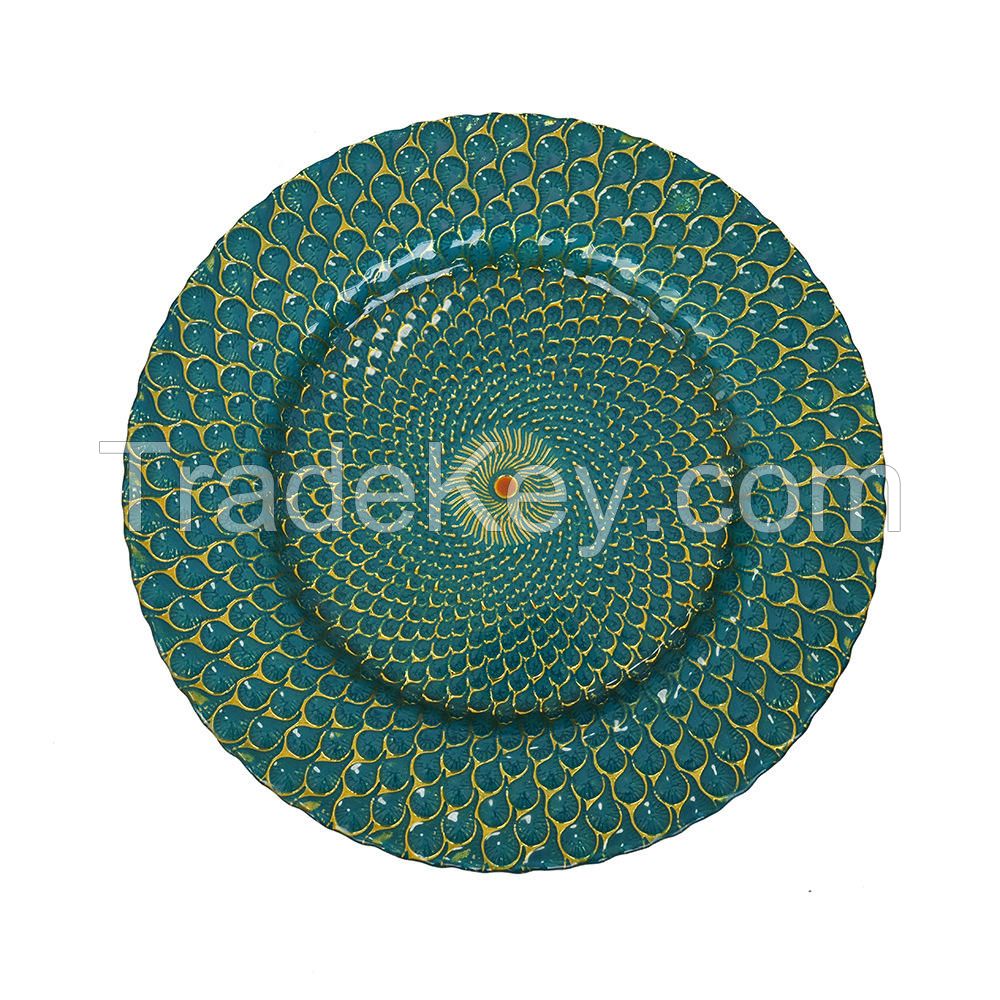 Luxury Elegant Glass Green Blue Gold Charger Plates Wedding Decoration Set Plate Charger Dinner Plates