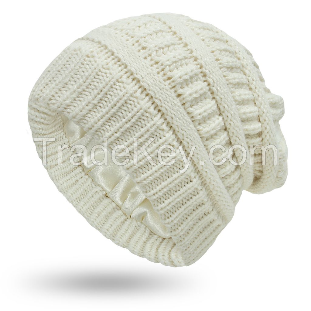 Satin Lined Beanie for Women Winter Hat Cable Knit Slouchy Beanie Skull Warm Cap Silk Lining