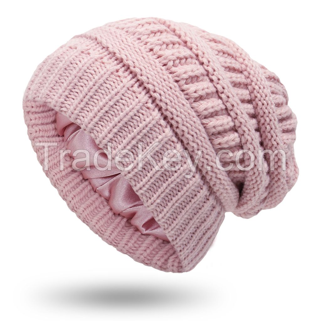 Satin Lined Beanie for Women Winter Hat Cable Knit Slouchy Beanie Skull Warm Cap Silk Lining