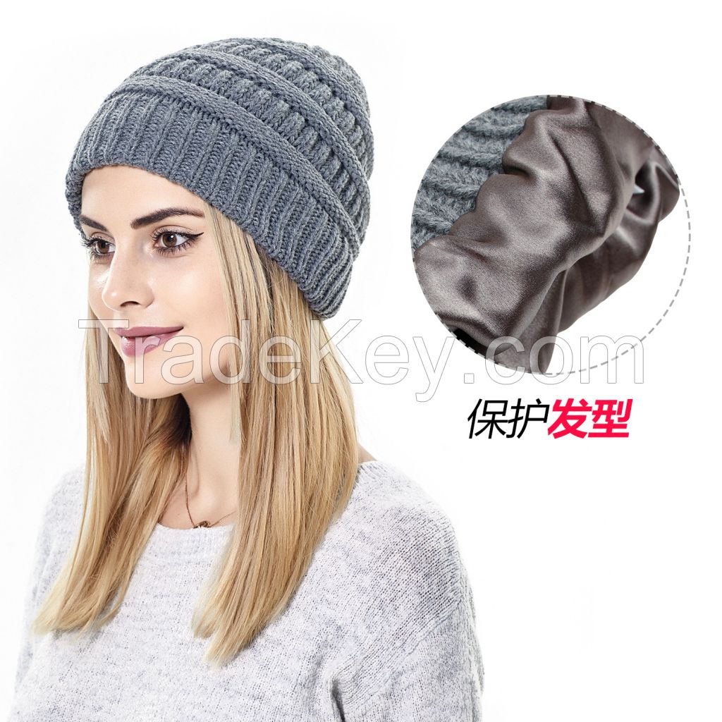 Satin Lined Beanie for Women Winter Hat Cable Knit Slouchy Beanie Skull Warm Cap Silk Lining