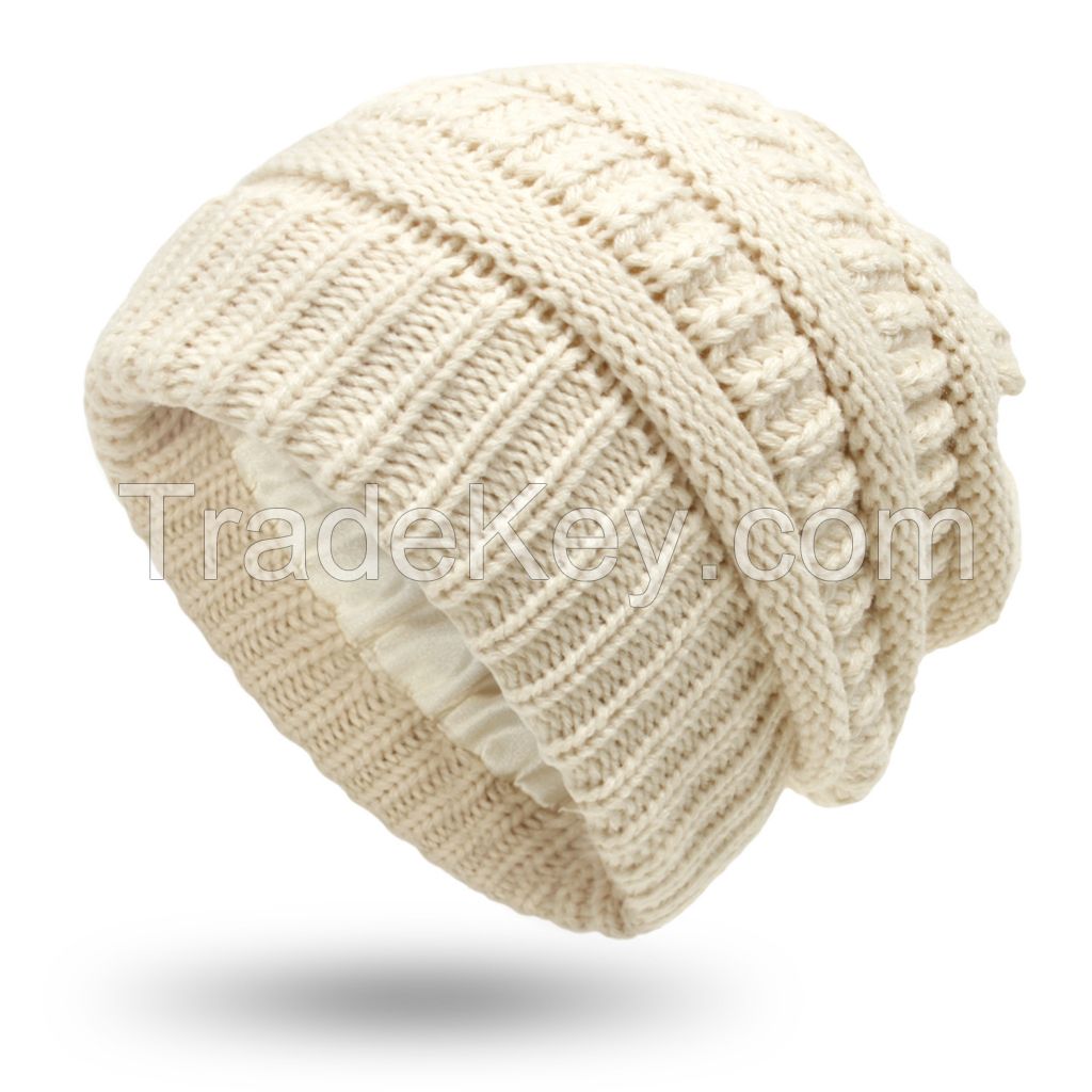 Satin Lined Beanie for Women Winter Hat Cable Knit Slouchy Beanie Skull Warm Cap Silk Lining