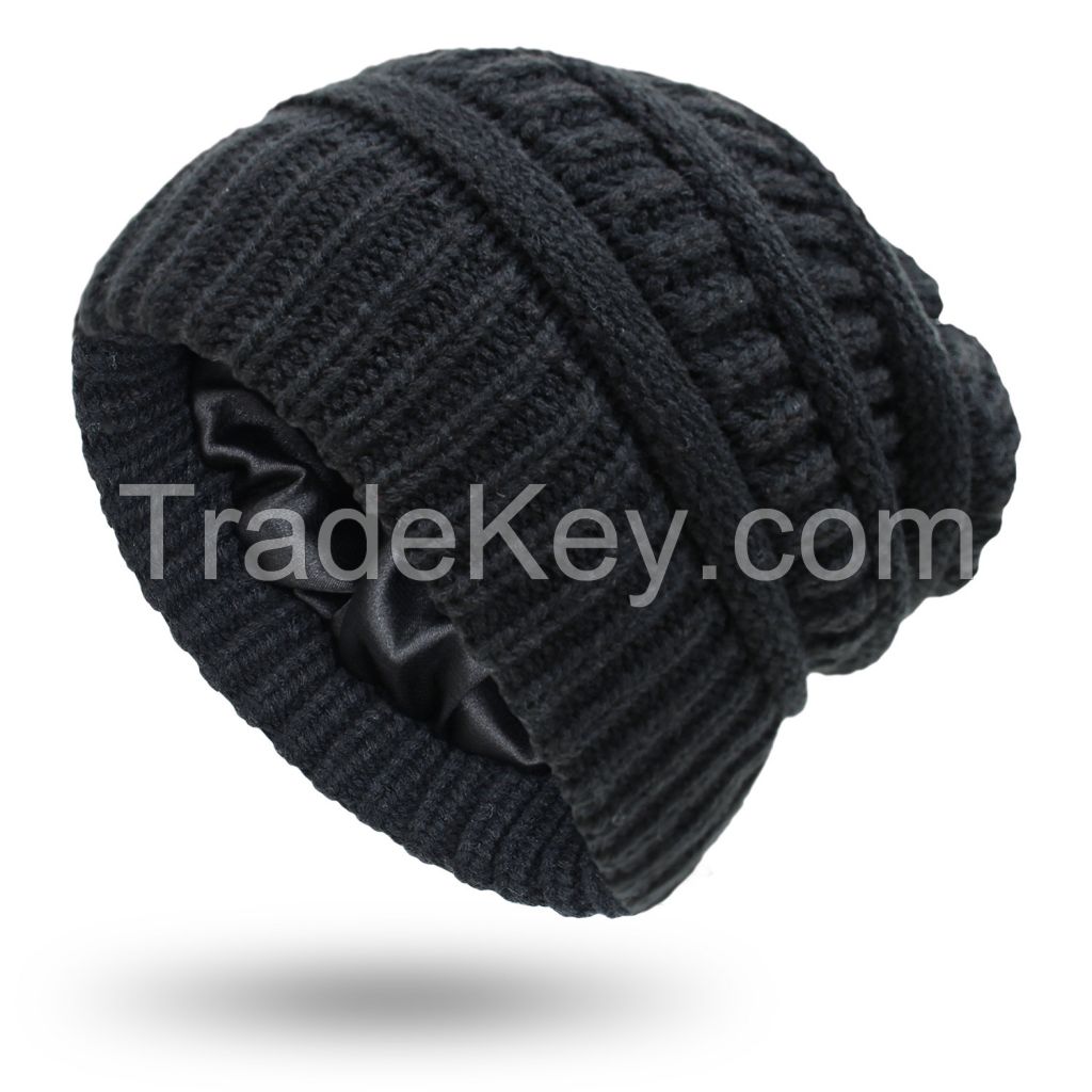 Satin Lined Beanie for Women Winter Hat Cable Knit Slouchy Beanie Skull Warm Cap Silk Lining