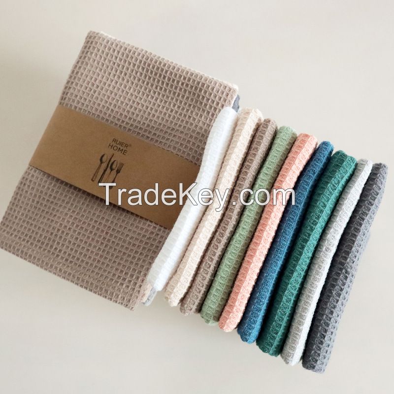 On stock Simple style pure color cotton plain fabric Waffle tea towel for Home kitchen