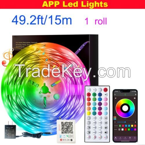 50ft LED Strip Lights RGB Music Sync APP Bluetooth for Rooms TV Bar Remote USA