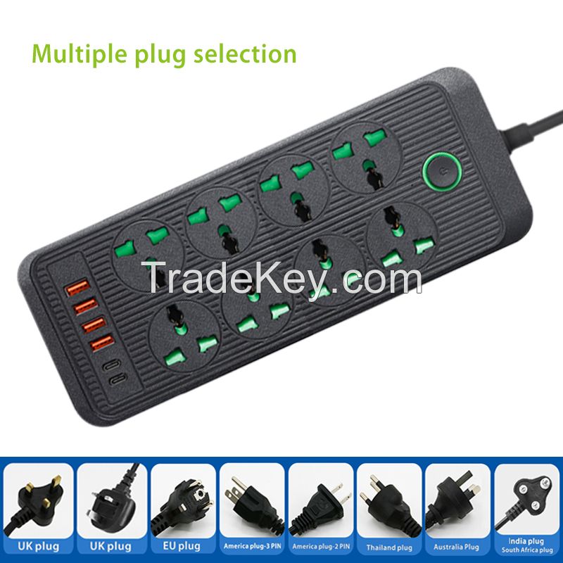 Factory wholesale Universal power strip 8 Outlets with 4 USB and 2 Type-C 5V 3.4A port,Multi socket Extension cord  with 6 port,Smart  power socket