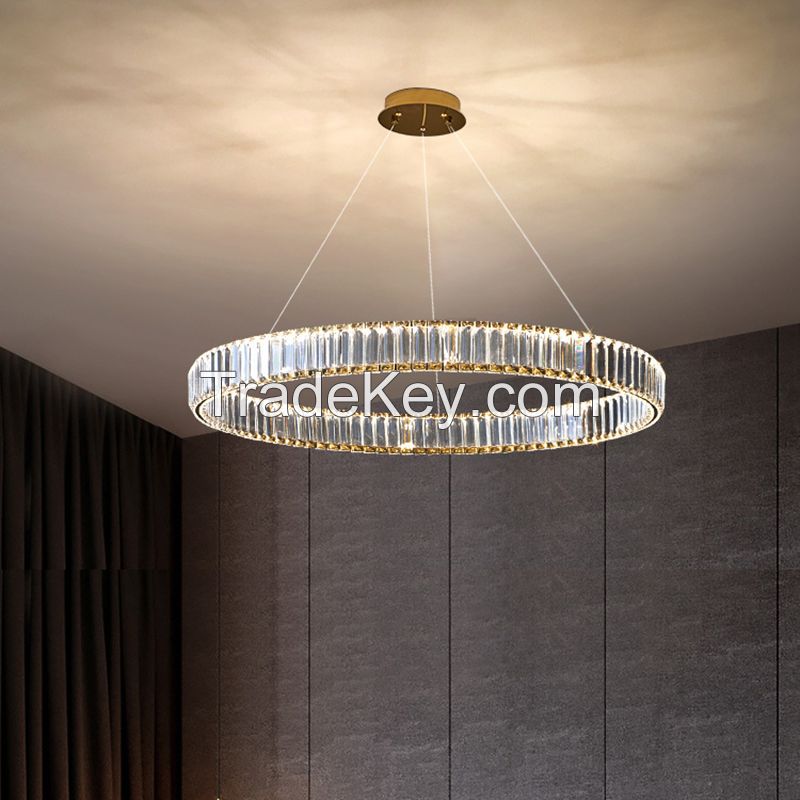 Modern Postmodern Round Ring Crystal Pendant Light, LED SMD Light, Gold, Chrome Stainless Steel Light Fixtures