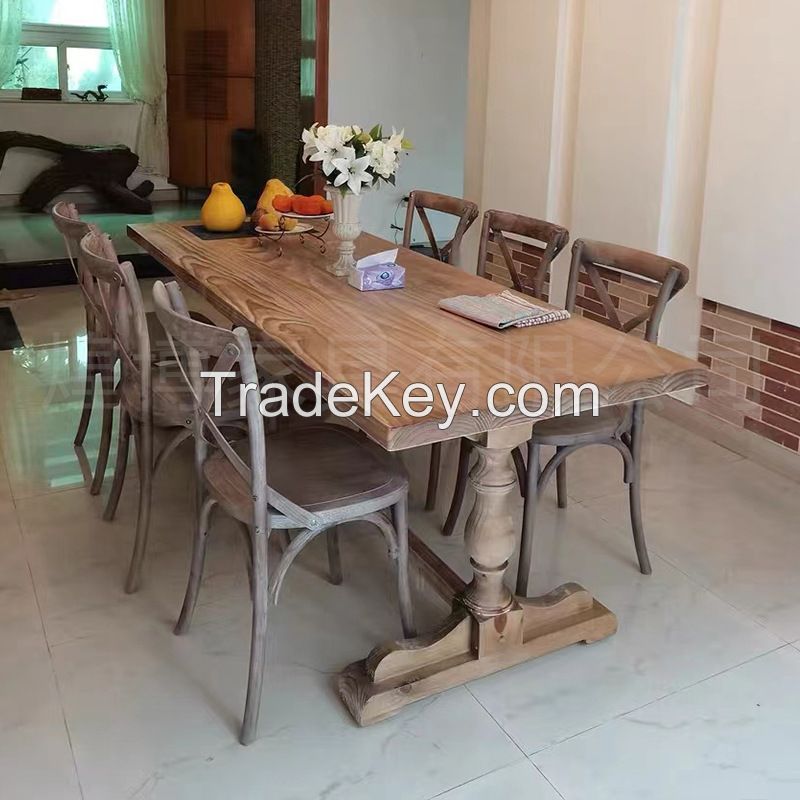 French retro to do old solid wood dining table chairs American country ash oak walnut log large board dining room long table