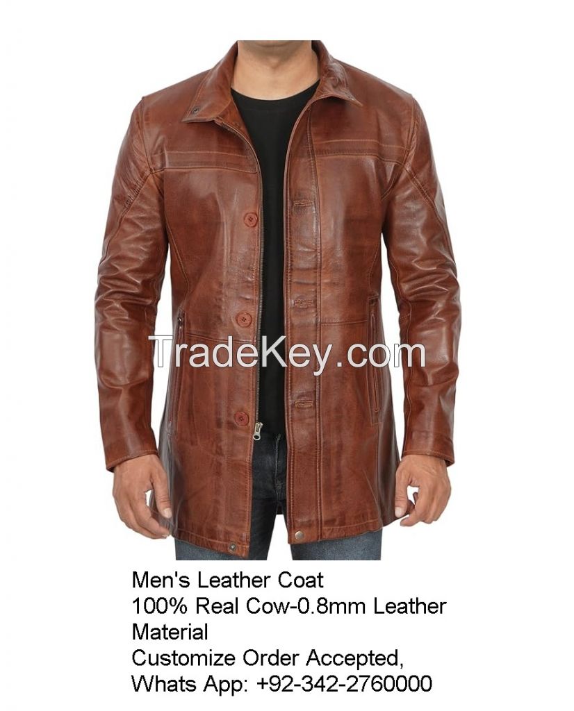 Men's Leather Coat 100% Real Cow-Hide, 0.8mm Leather Material