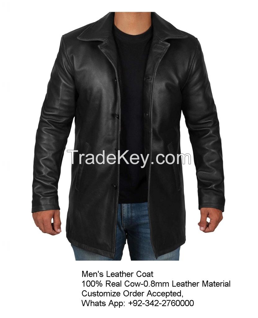 Men's Leather Coat 100% Real Cow-Hide, 0.8mm Leather Material