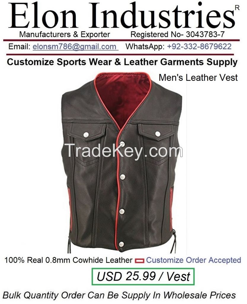 Men Leather Vest made with Cow-Hide Leather Material