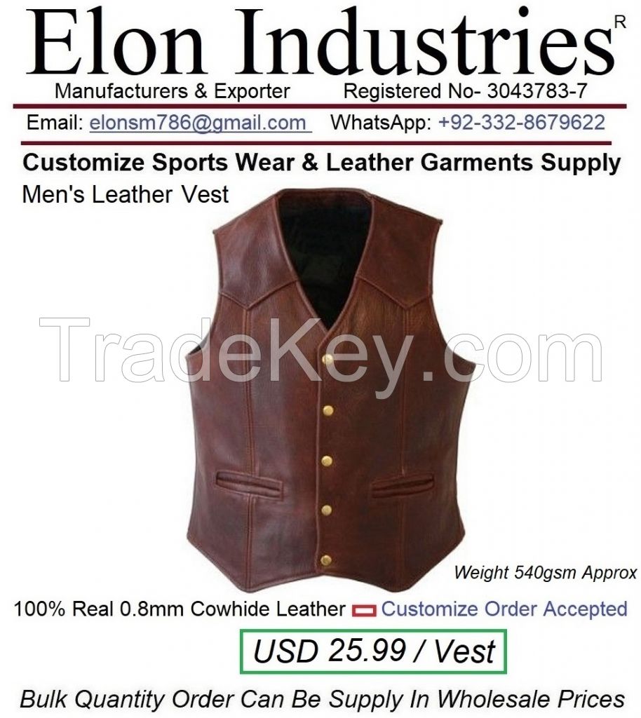 Men Leather Vest made with Cow-Hide Leather Material