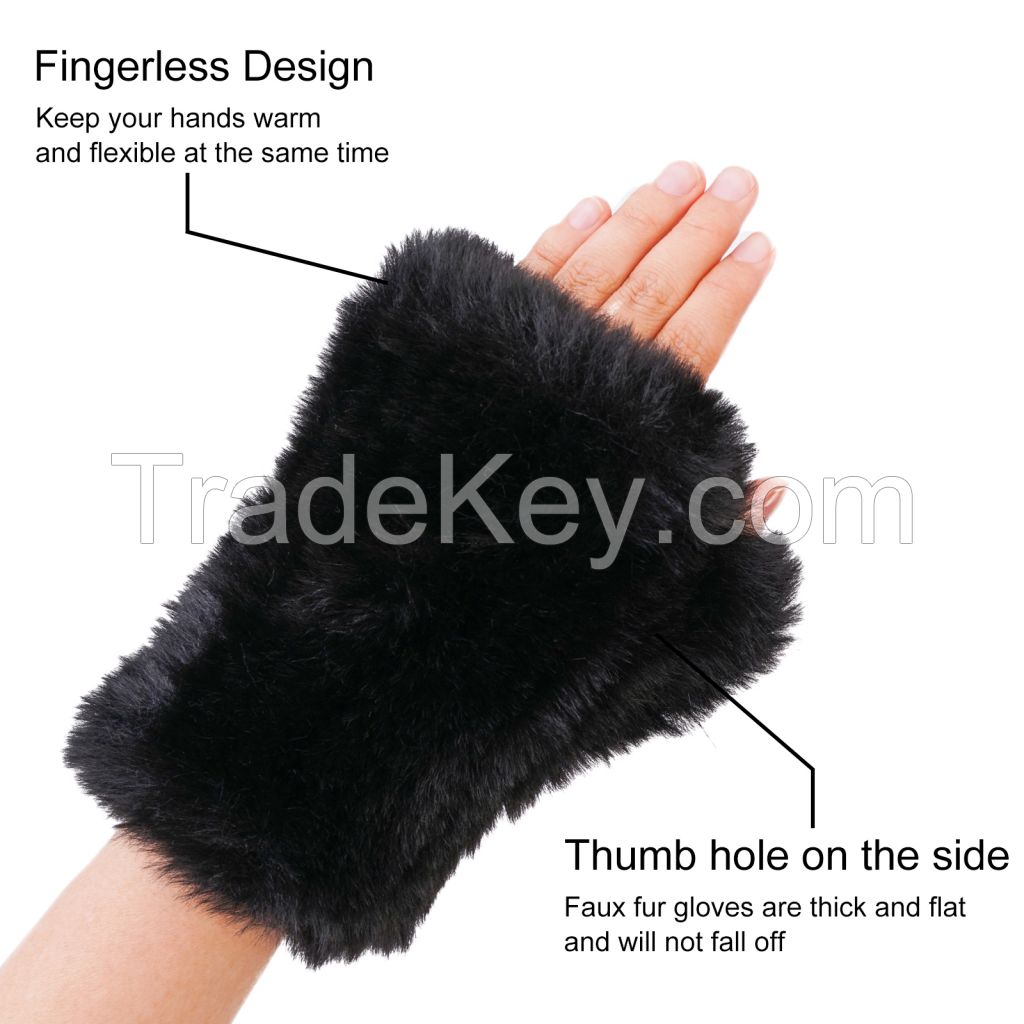 Women Faux Fur Fingerless Gloves - Soft Winter Gloves, Furry Gloves for Women Winter Warm Costume Accessories