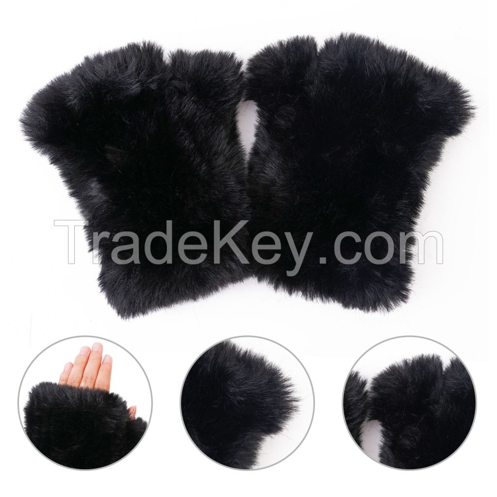 Women Faux Fur Fingerless Gloves - Soft Winter Gloves, Furry Gloves for Women Winter Warm Costume Accessories