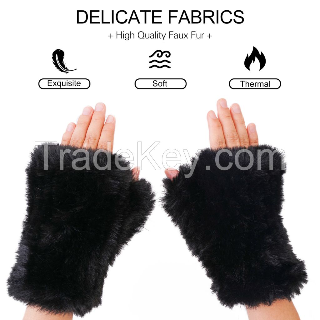 Women Faux Fur Fingerless Gloves - Soft Winter Gloves, Furry Gloves for Women Winter Warm Costume Accessories