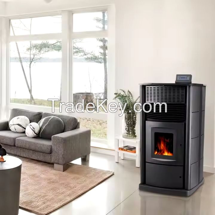 Latest Modern Black Indoor Wood Pellet Fireplace Stove Room Fire Heater Surrounds Heating-Equipment Furniture