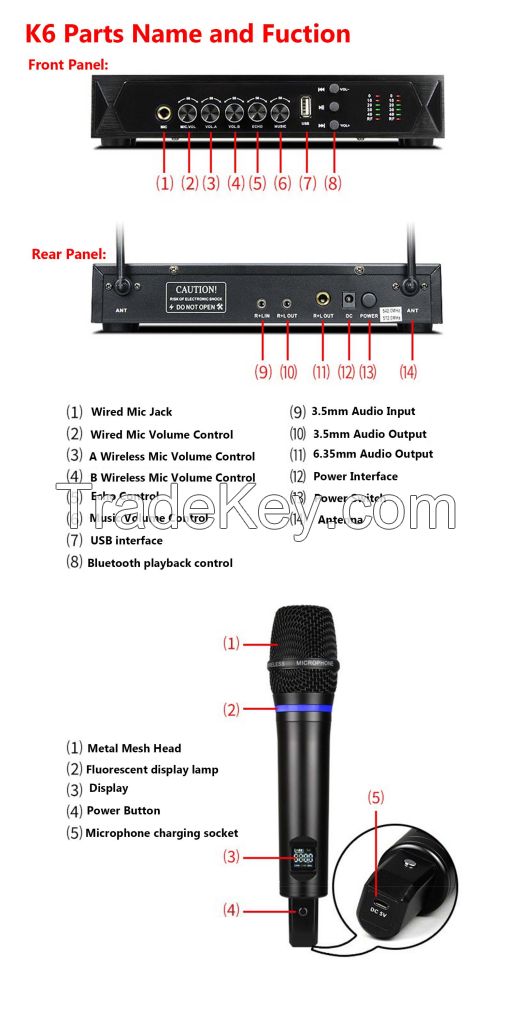 Yitesim K6 Family style Wireless Microphone UHF, with USB, Echo and Bluetooth