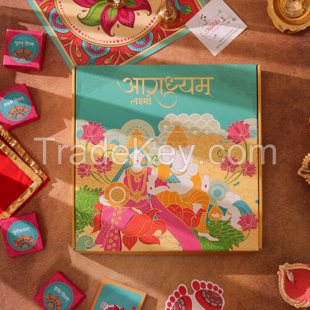 Aaradhyam Lakshmi Diwali Puja Set 15 items Aarti book, Diya, Rangoli, Gods Image Paper, Polyester  (1 Pieces, Multicolor)