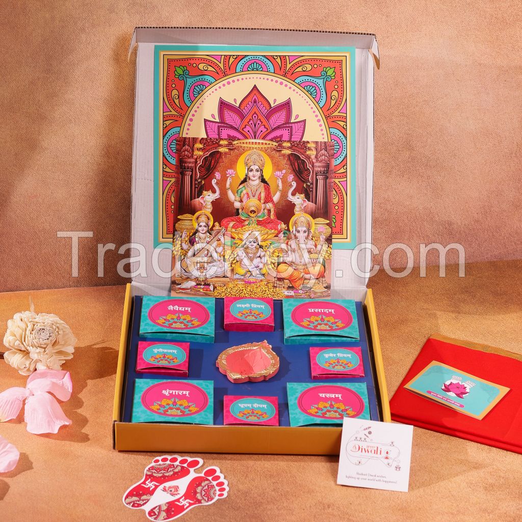 Aaradhyam Lakshmi Diwali Puja Set 15 items Aarti book, Diya, Rangoli, Gods Image Paper, Polyester  (1 Pieces, Multicolor)