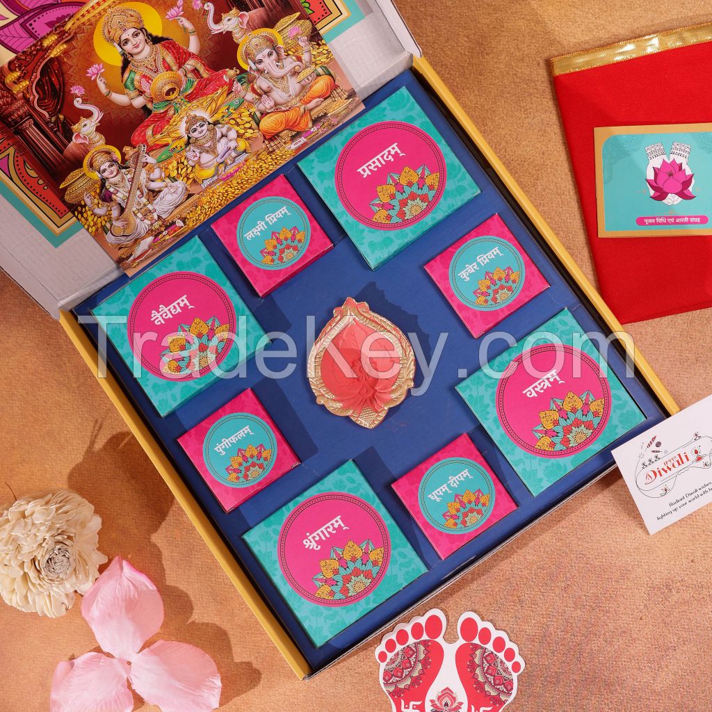 Aaradhyam Lakshmi Diwali Puja Set 15 items Aarti book, Diya, Rangoli, Gods Image Paper, Polyester  (1 Pieces, Multicolor)