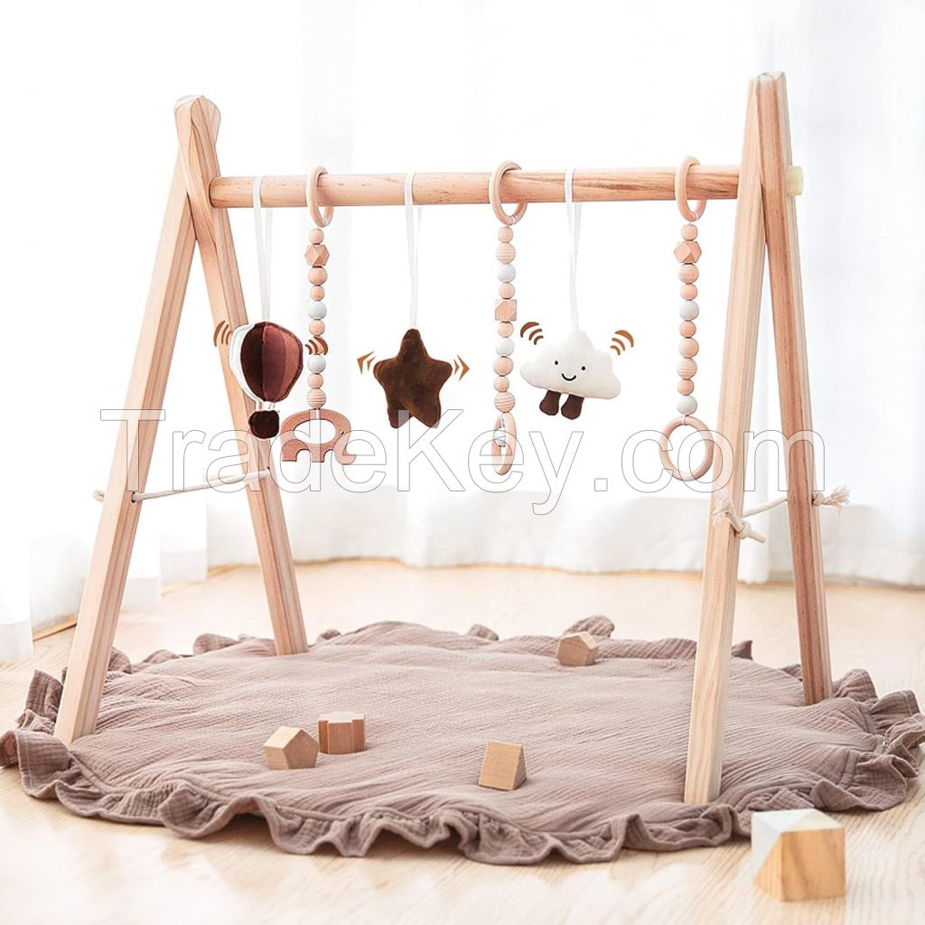 Wooden Baby Play Gym Play Mat Baby Gym with 6 Hanging Sensory Toys Foldable Baby Gym